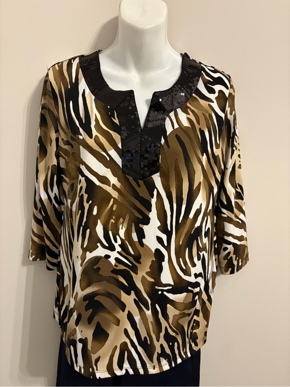 JM Collection Brown Black White Animal-Print Sequin Trim Tunic